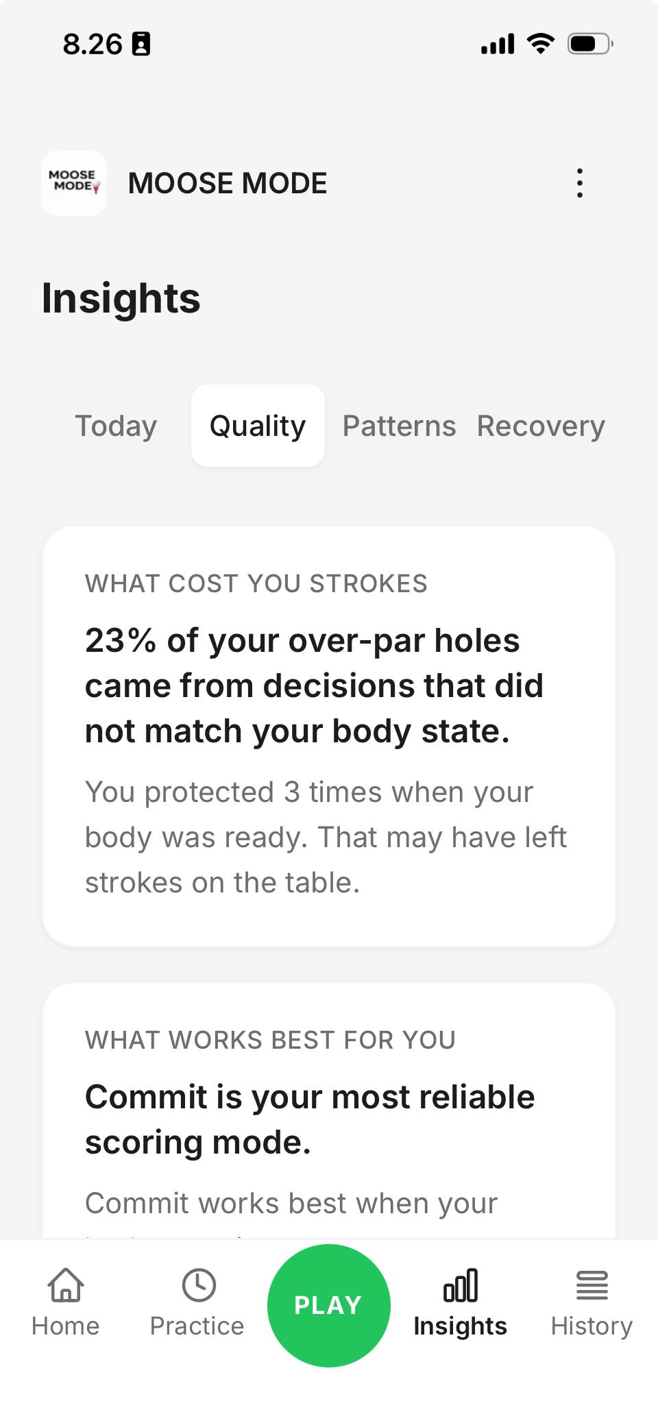 Insights Quality showing stroke cost analysis and best mode