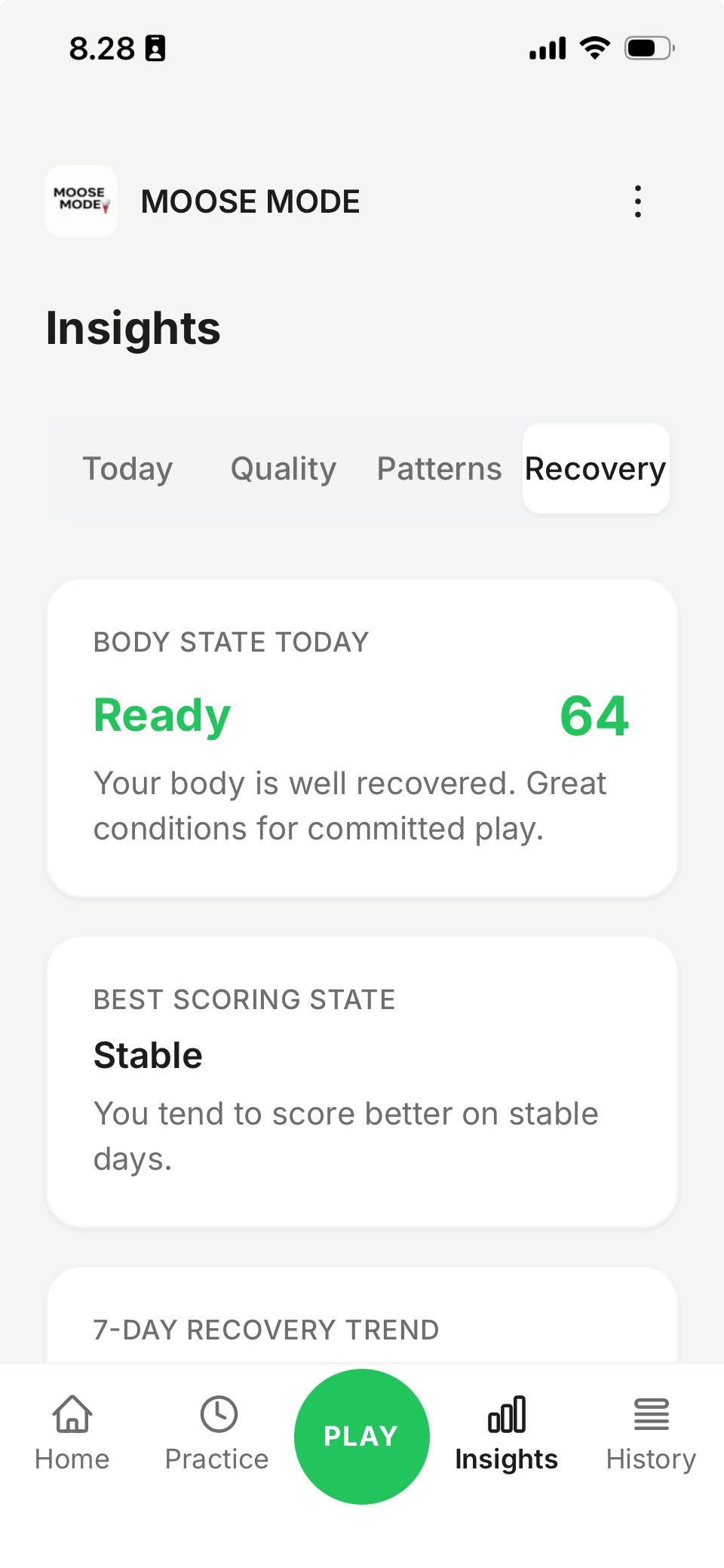 Insights Recovery showing body state and best scoring state