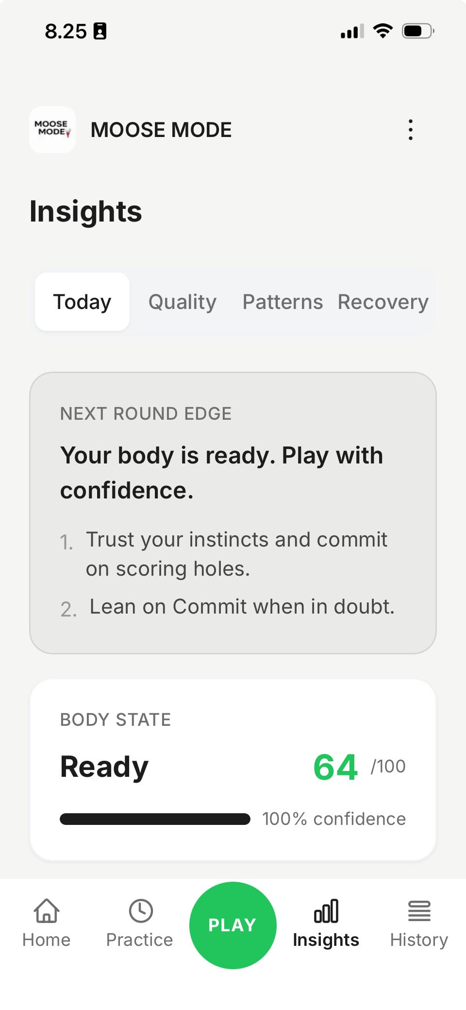 Insights Today showing body state and next round edge